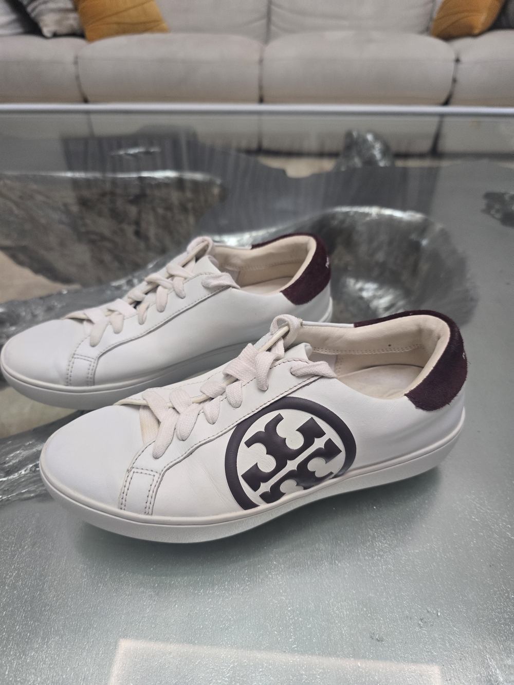 Tory Burch White Leather Logo Sneakers with Burgundy Accent